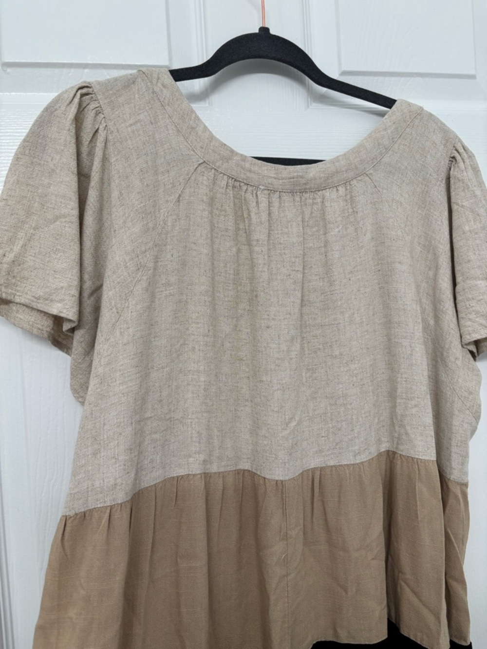 Umgee Colorblock Scoop Neck Short Sleeve Tunic Dress - Beige/Khaki/Black 1XL - Picture 3 of 5